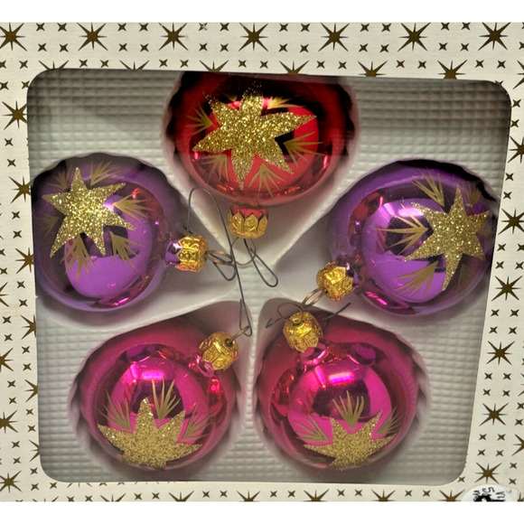 Set of 5 Vintage Hand Made in Poland Large Red Purple Pink Gold Glass Ornaments - Picture 1 of 5